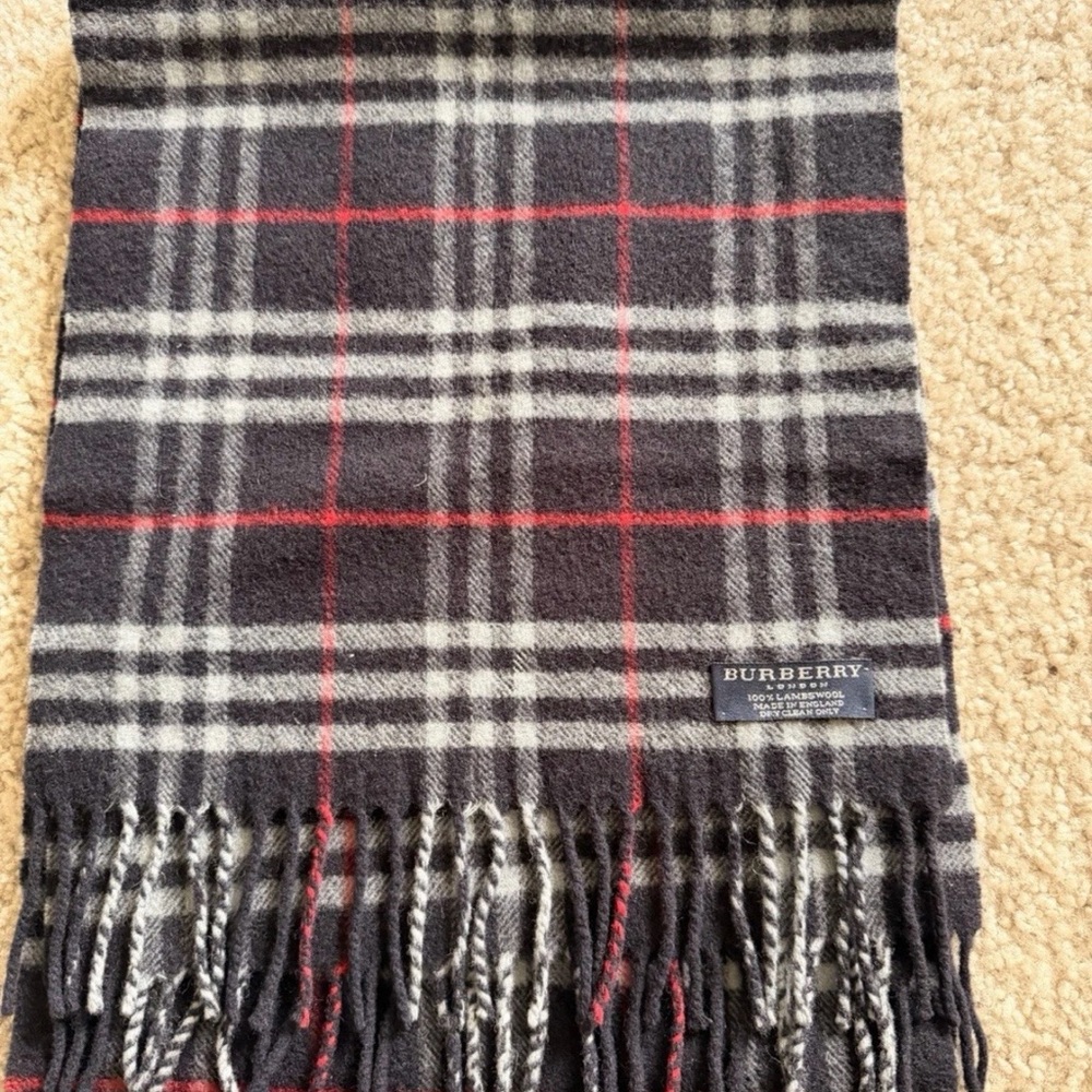 Burberry Men's Scarf in Black, Red, and Gray Plaid